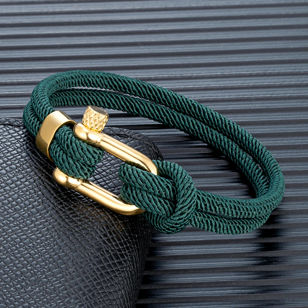 MKENDN Gold Color Stainless Steel Shackle Bracelet Simple Double Strand Nautical Rope Bracelets for Men Women Handmade Jewelry