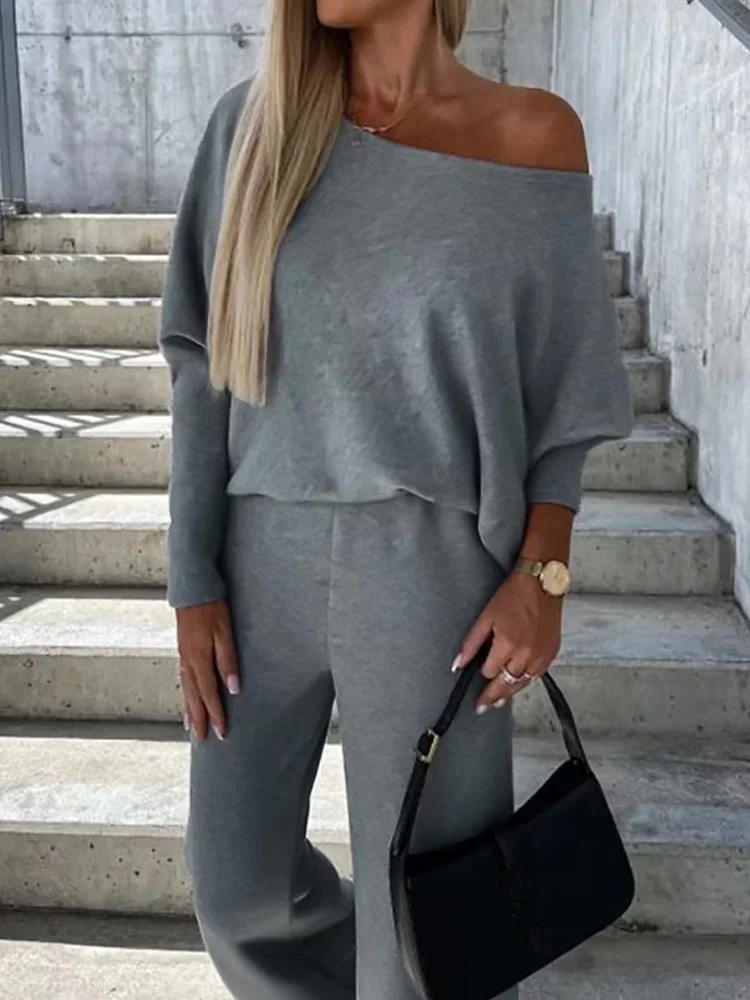 

Elastic Waist Wide Leg Pants Outfit, Women Leopard Skew Collar Pullover Top Two Pieces Matching Sets, Autumn Winter Loose Suits