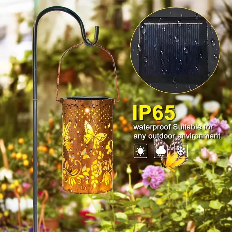 Solar Powered Butterfly LED Lantern Outdoor Hanging Light with On/Off Switch Metal Decorative Lights for Garden Yard Porch Lawn