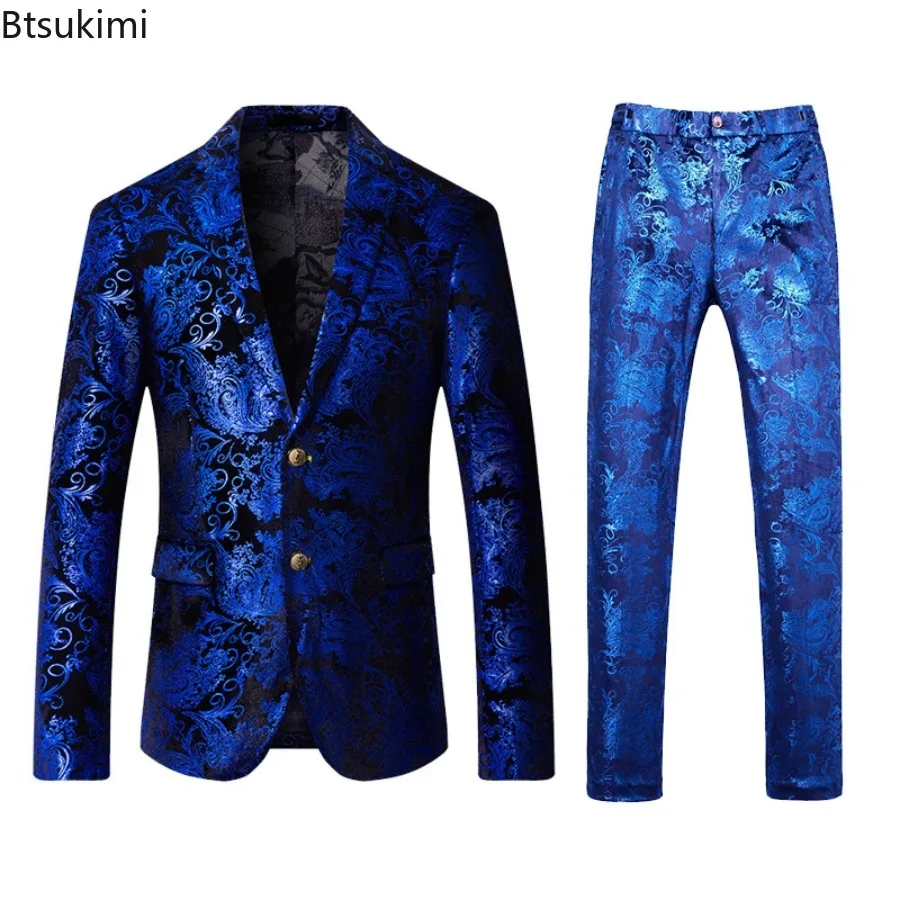 High-end Men's Suit Sets Fashion Business Handsome British Style Slim Print Suit 2-piece Set Men Wedding Party Blazers and Pants