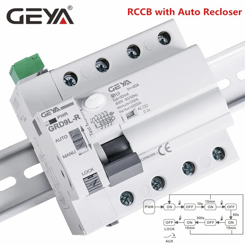 GEYA Dispositivo Auto-Reclosing Automático, RCD Smart Breaker, Tipo AC, GRD9L-R RCCB, 2P, 40A, 30mA, 100mA, 300mA