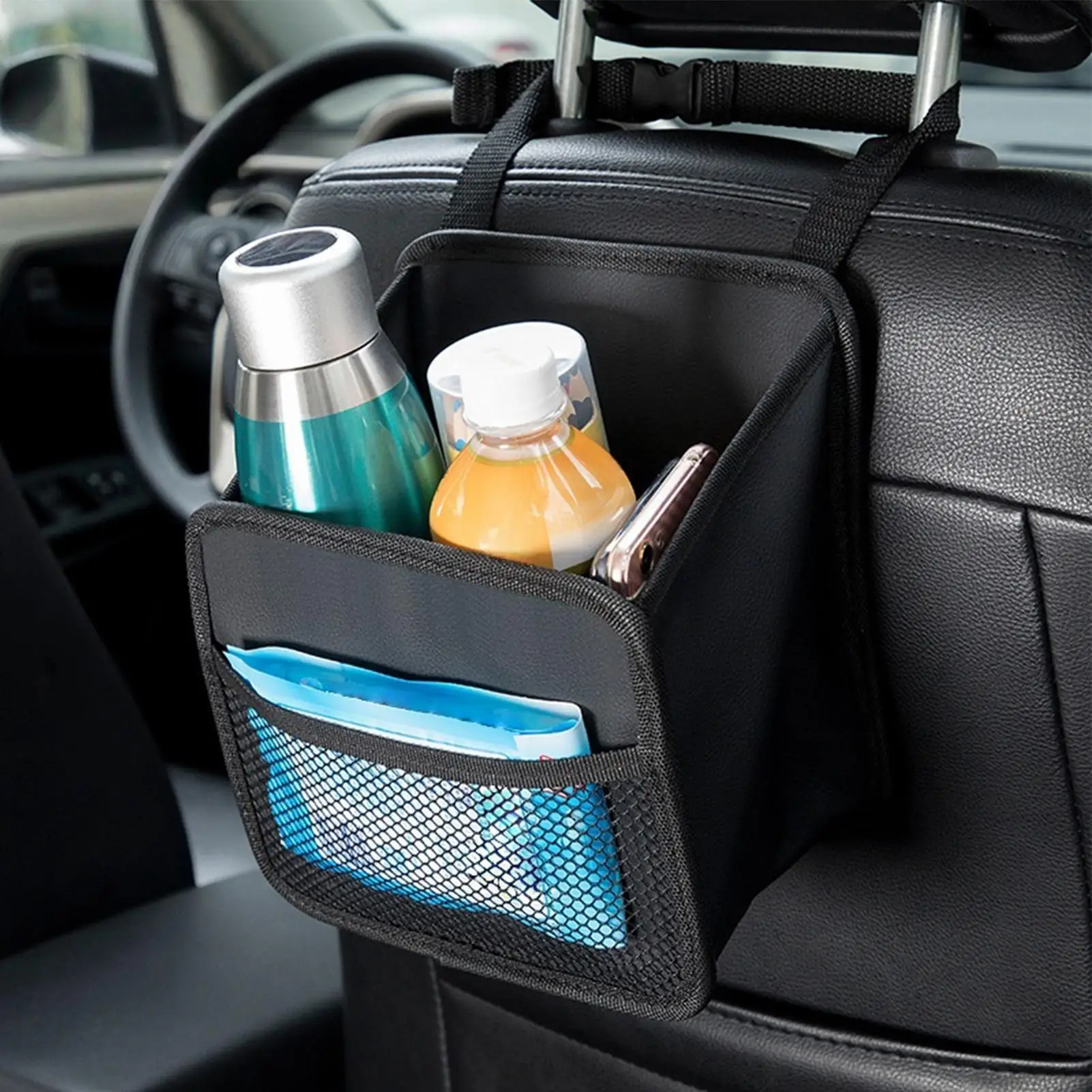 

Car Seat Back Storage Bag Foldable Beverage Holder Universal Auto Back Hanging Water Bottle Carrier PU Leather Storage Bag