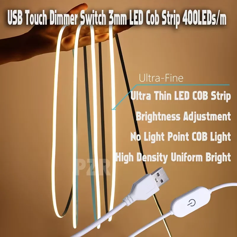 Lqhzmyy Cob Led Light Strip, USB Powered, Touch Switch for Adjusting Light Brightness, 3mm Wide Ultra-Thin Led Strip with No Light Spots, Suitable for Furniture Cabinets, Kitchen Bases, Bedroom Ambient Lighting, Warm White Light/White Light Options Available, 1M/2M/3M/4M/5M