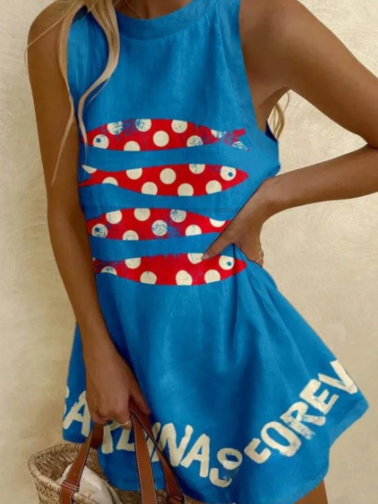 Fashion Cartoon Printed Dress Casual O-neck Sleeveless Mini A-line Dresses Spring Summer Vacation Style Women Vestidos Clothing