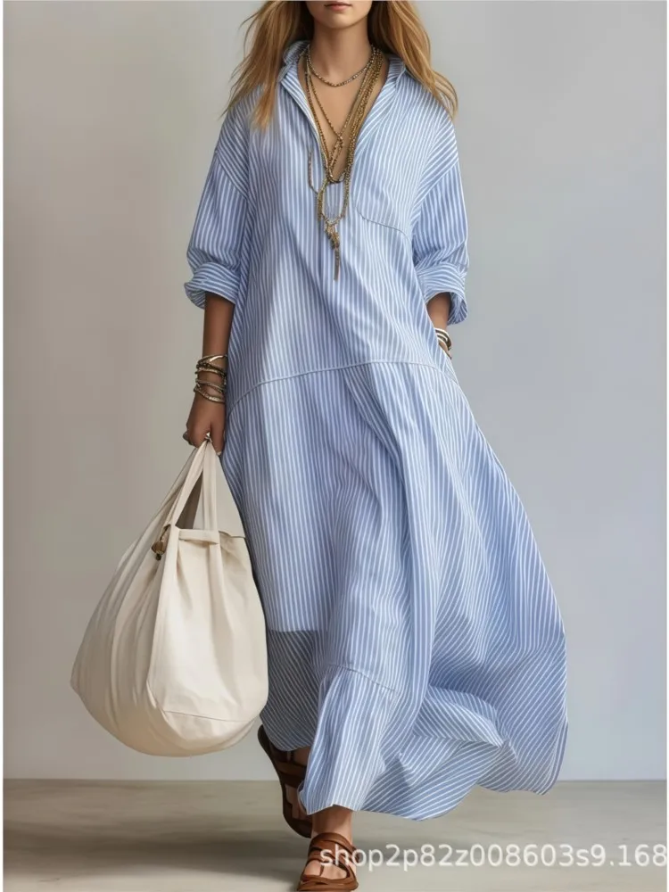 Lässiges Langarm-Maxikleid für Damen, Sommer 2026, Modisch mit V-Ausschnitt und Streifenmuster, Elegant