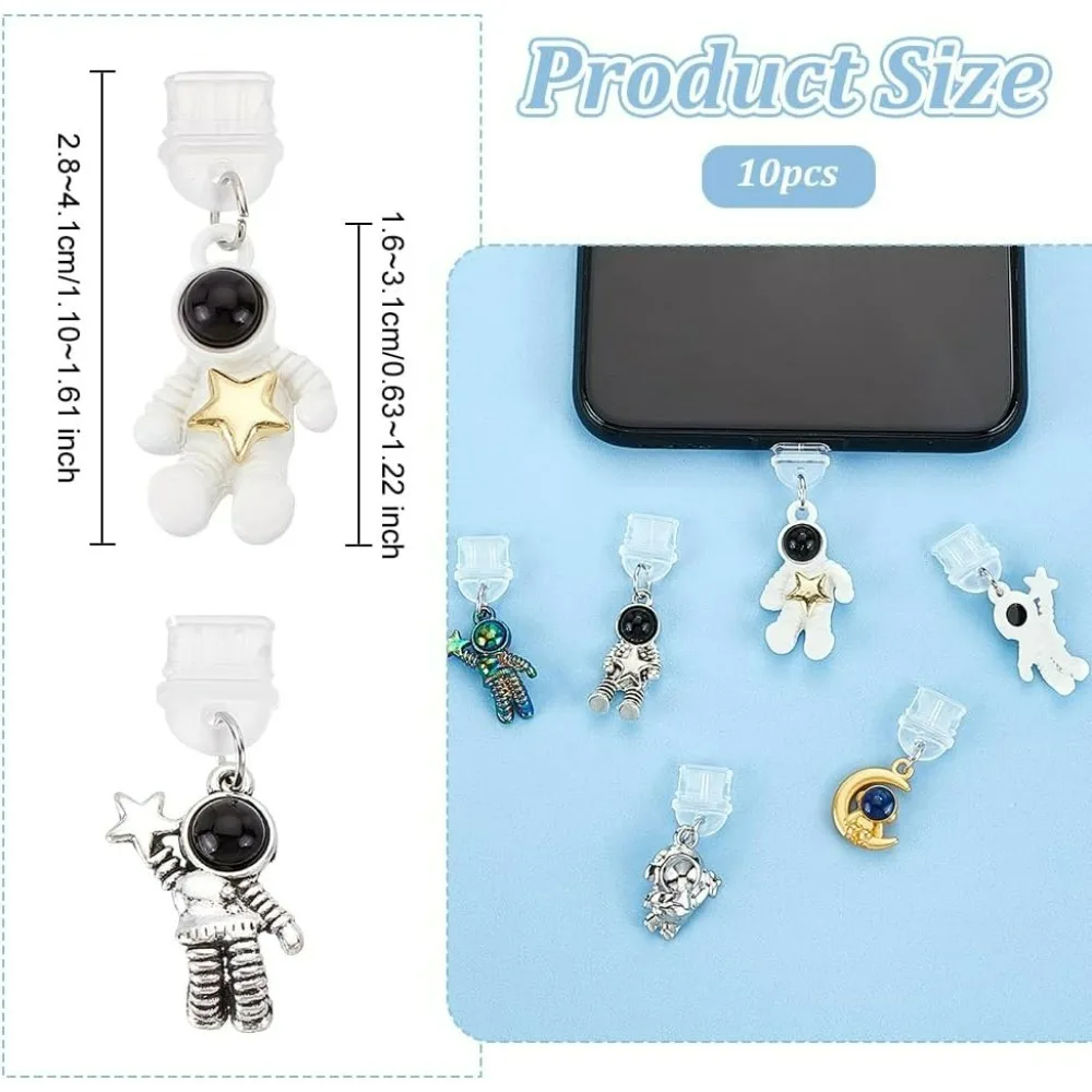 10Pcs Dust Plug Charm Type C Anti Dust Plugs 2.3~1.6 Inch Long Mobile Dustproof Plugs with Spaceman Pendants USB C Port Caps