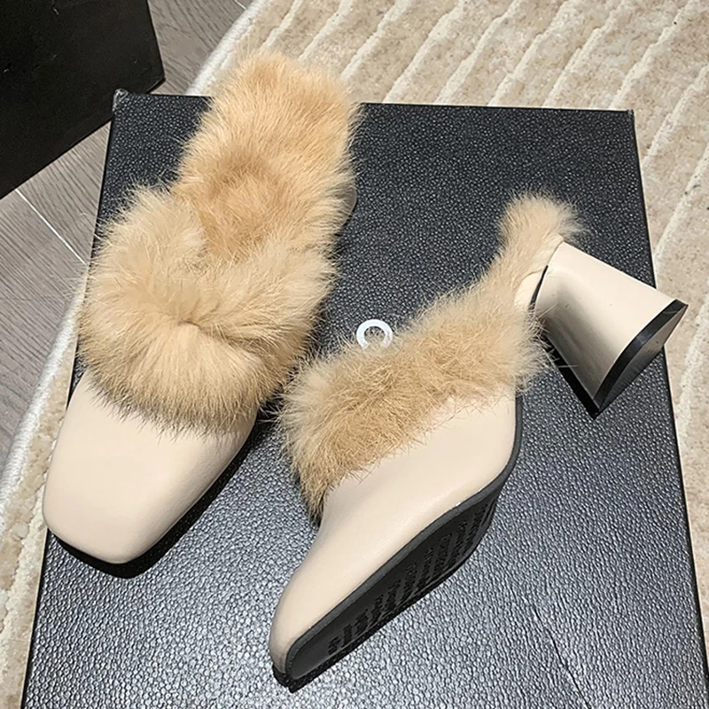 Winter Women Fur Shoes Elegant Fashion Closed Toe Mules 5cm High Heel Height Shoes Lady Sexy Chunky Soft Warm Slippers 35-39