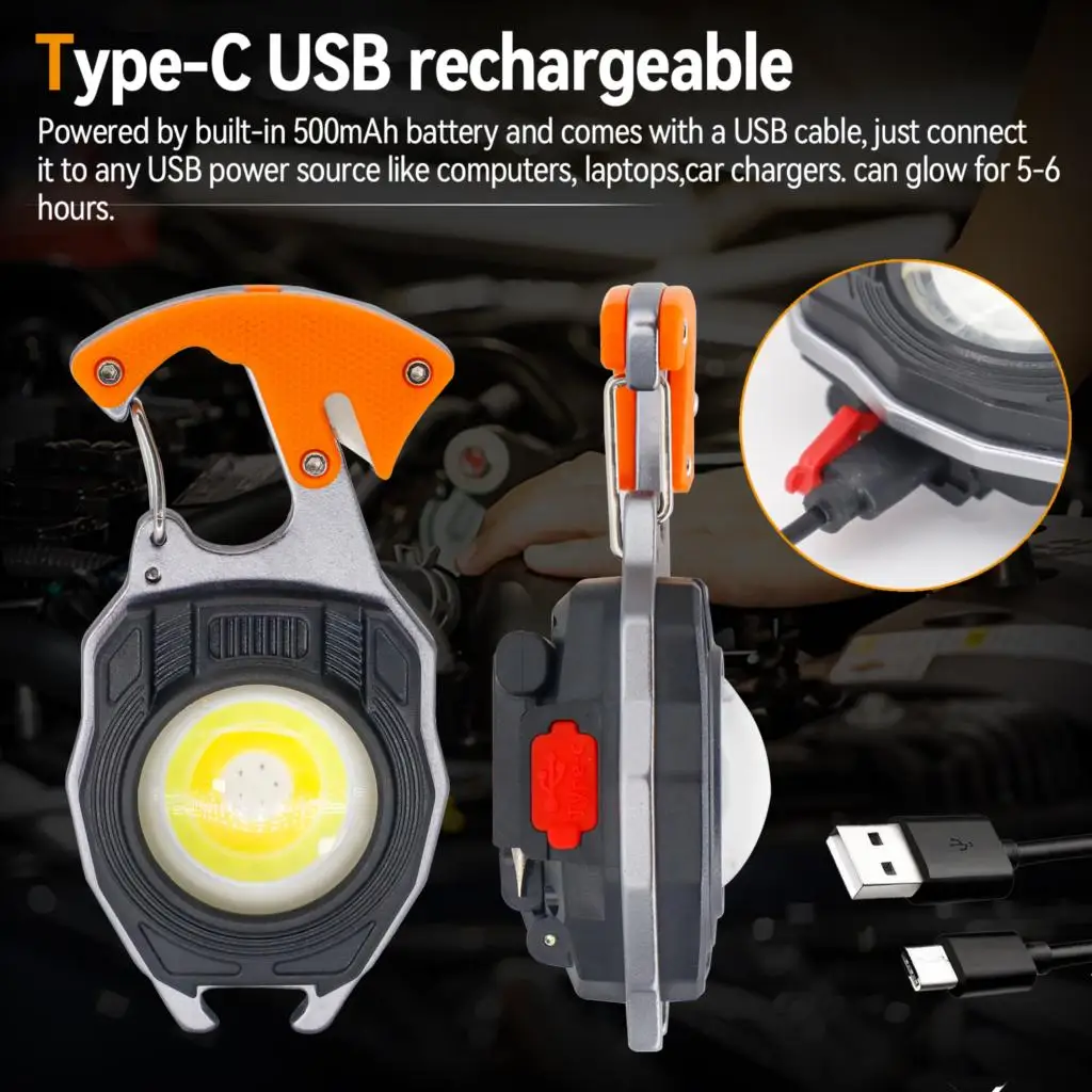 LED 7x Light Modes Work Light Portable Pocket Flashlight Keychains USB Rechargeable Outdoor Camping Corkscrew