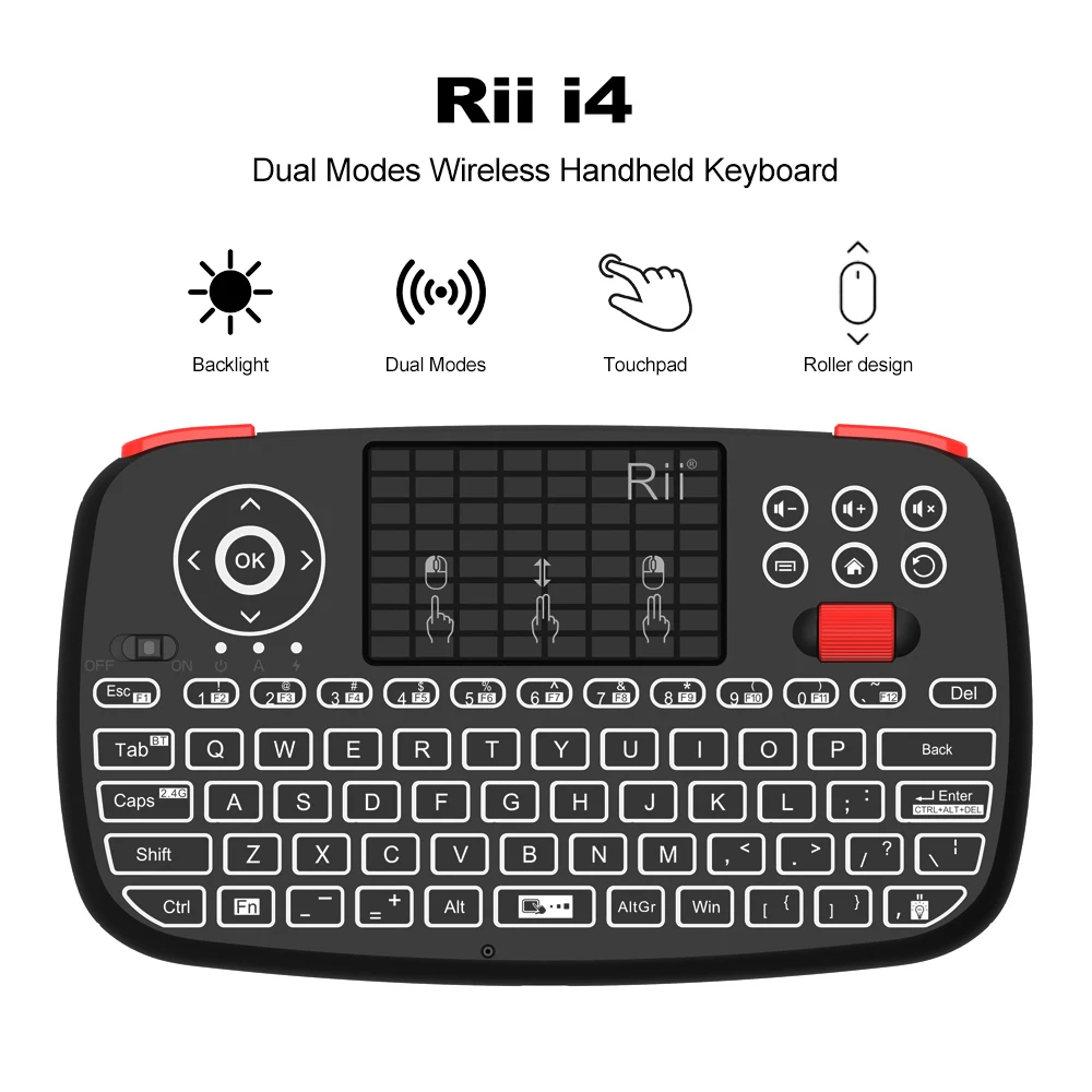 Bezprzewodowa klawiatura Rii i4 Mini BT z touchpadem i podświetlaną myszą 2,4 GHz do sterowania Windows Android TV Box Smart TV