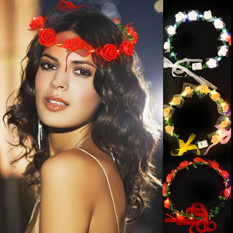 LED Glowing Garland  Women Garland Headband Luminous Hair Garland Hairband Crown Flower Wedding Party Wreath Light Decoration