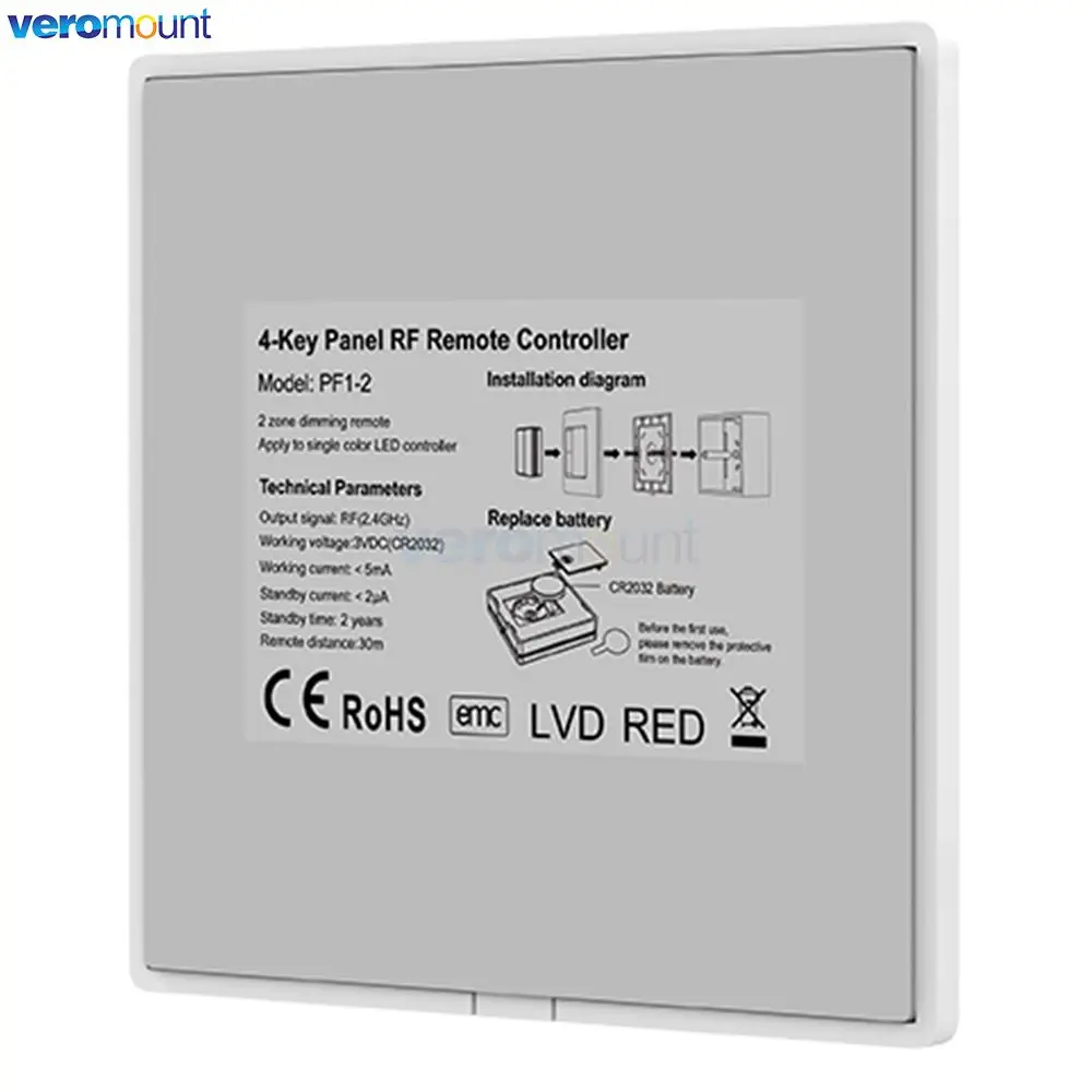 Skydance PF1-2 RF 2.4G Wall Mounted Panel Switch 4-Key Remote Switch Brightness Panel Wireless Single Color LED Dimmer Remote