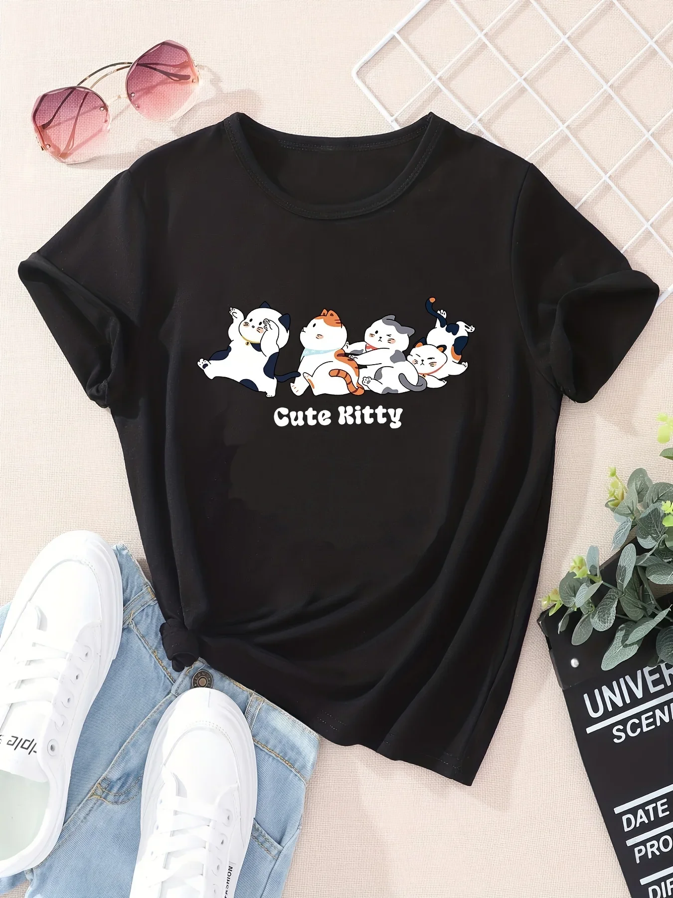 Kawaii Cartoon Katzen Druck Frauen T-shirt Nette Rundhals Kurzarm Sommer T-shirt Weibliche Harajuku Lose Unisex Y2K Kleidung Tops