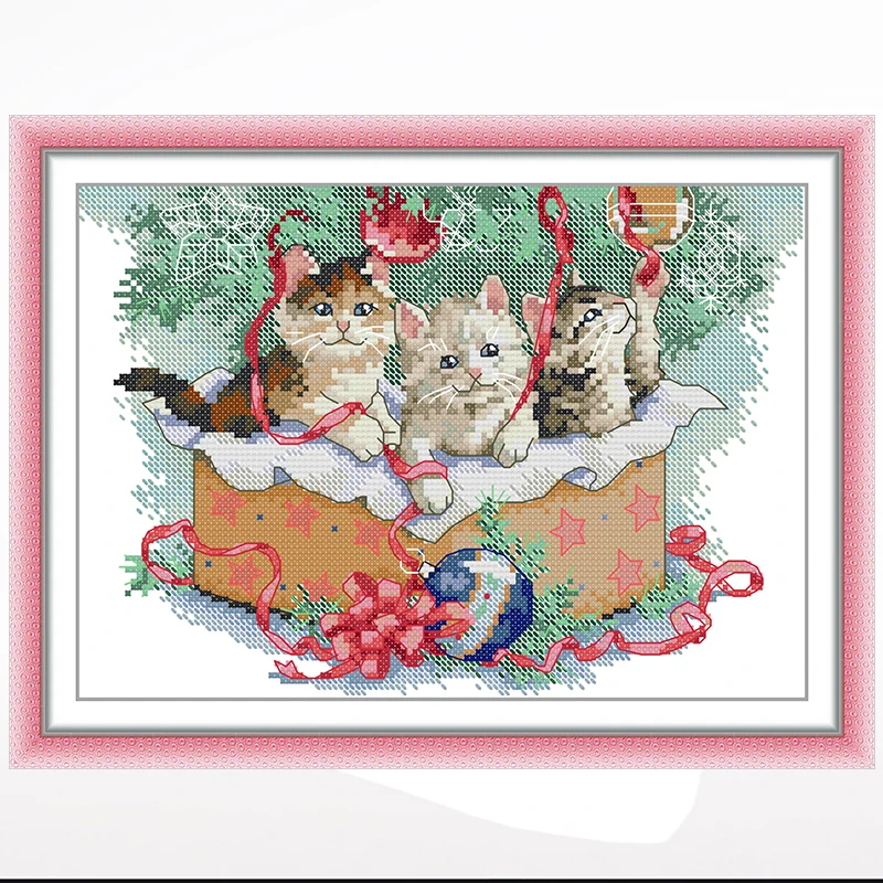 Cat cross-stitch play ball sitting room bedroom hanging painting, 11CT/14CT hand-embroidered