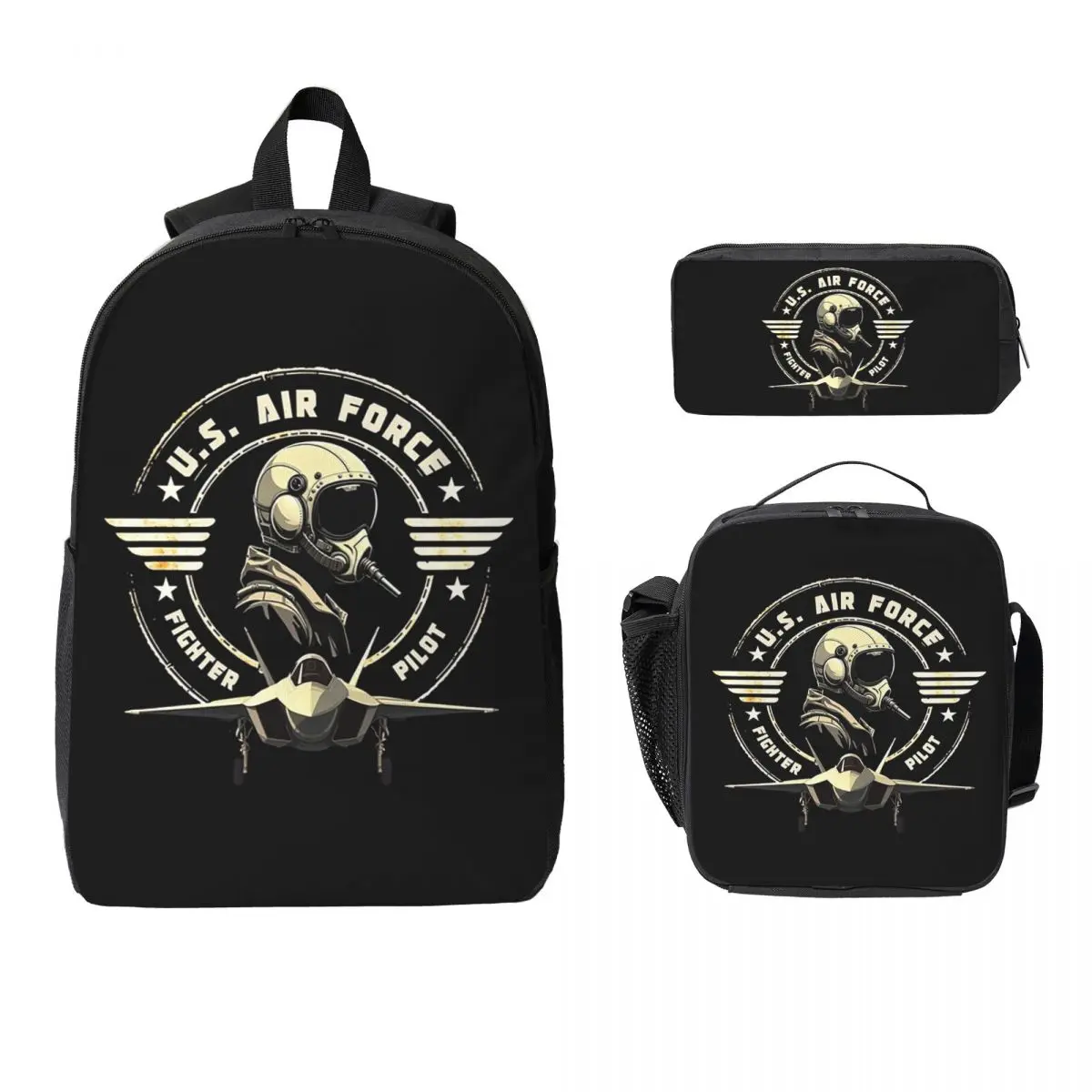 U.S. Air Force Fighter Pilot Military Aviation Vintage Backpack BookBag School Bag Shoulder Bags 3ps Lunch Bag Pencil Case