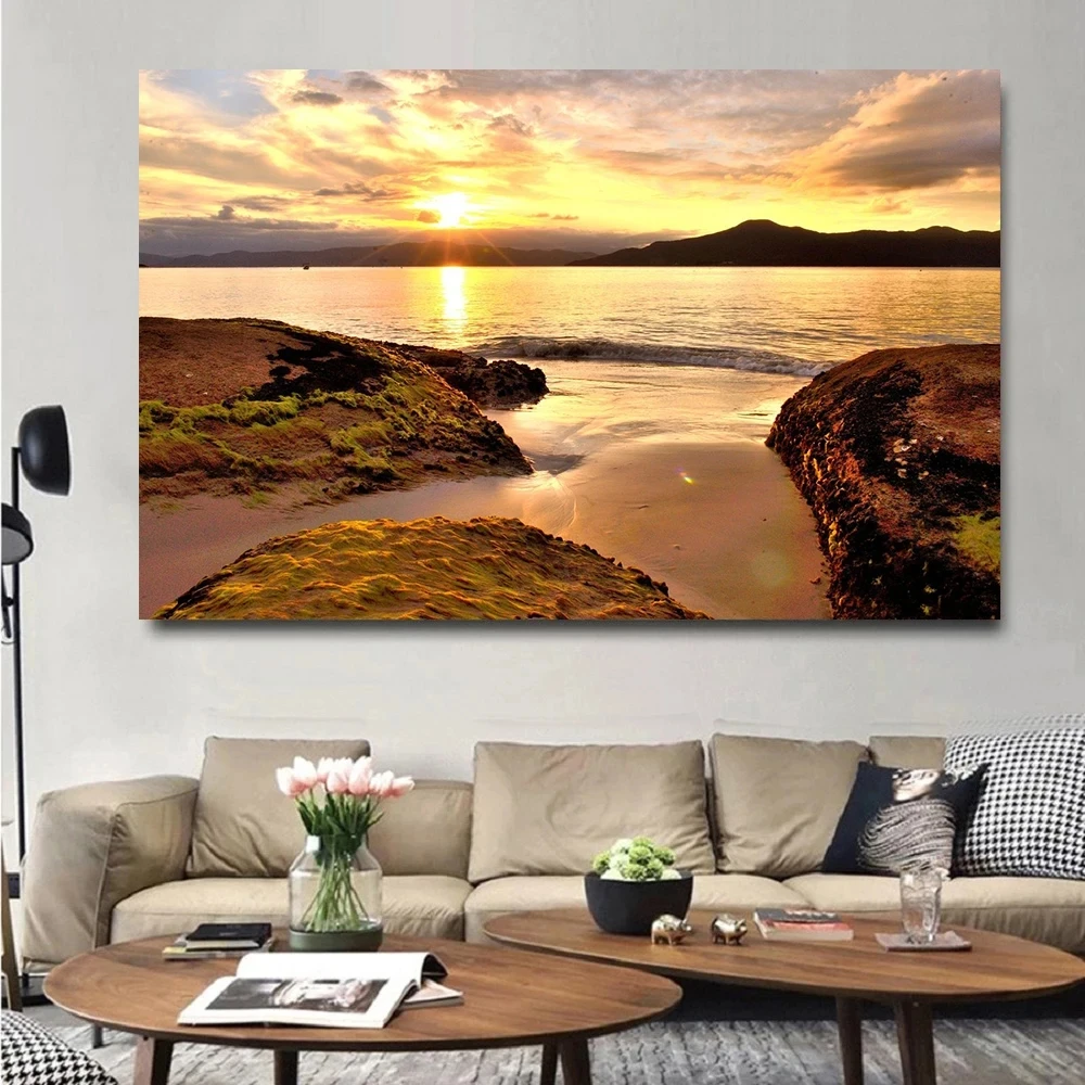 Sunset Hawaii Beach Posters Gold Sea Landscape Canvas Paintings Tropical Palm Tree Wall Art Pictures Living Room Home Decor