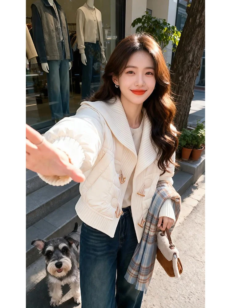 

Women's Short Puffer Cotton Jacket Large Collar Loose Thick Autumn Winter New Style Euro Style Horn Button Cotton Outerwear