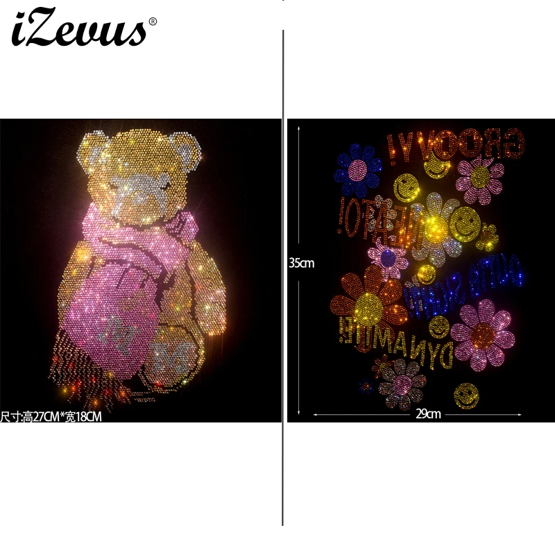  -izevus-ホットフィックス-ラインストーン-アイロン接着シート、2種類のデザイン：かわいいテディベア-スマイリーフラワーの文字入り、tシャツやジャケットに貼るdiy用パッチ。