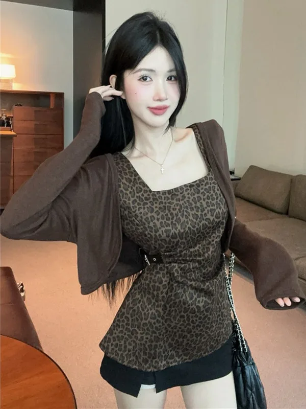 

Fall New Style Pure Desire Square Collar Waist in Leopard Print Short Sleeve Long Sleeve Vest Spicy Short Shoulder Wrap Two P...