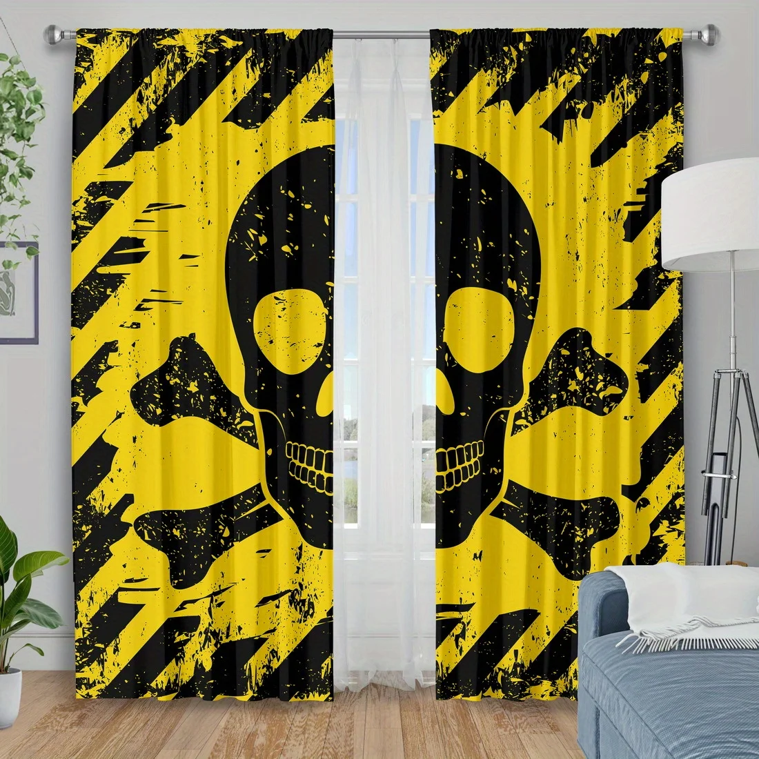 Skull and Crossbones Curtains, Yellow Black Warning Sign Print Drapes for Man Cave, Edgy Home Decor Window Treatment