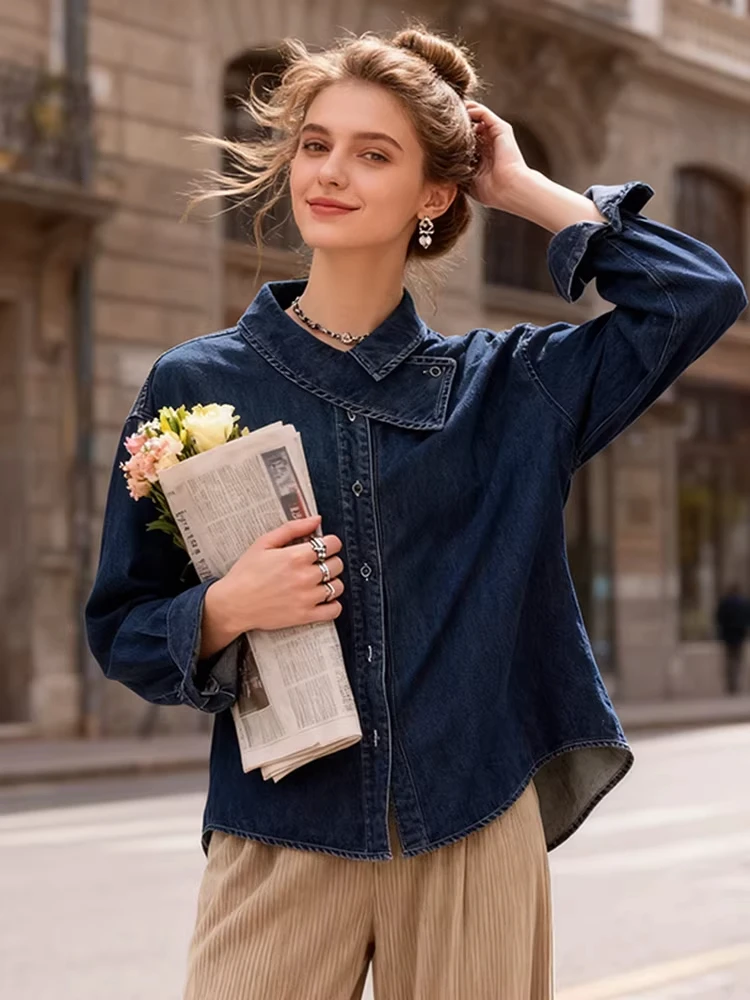 

Retro Denim irt Women's Faion Casual Long Sve Turn-down Collar Layering Outerwear Top Autumn Winter Design Sense