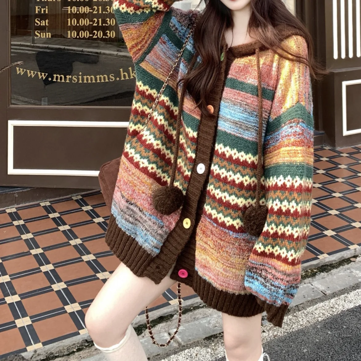 Vintage Contrasting Striped Hooded Sweater Jacket Women's 2026 Autumn and Winter Meat Covering and Thin Knitted Cardigan Top