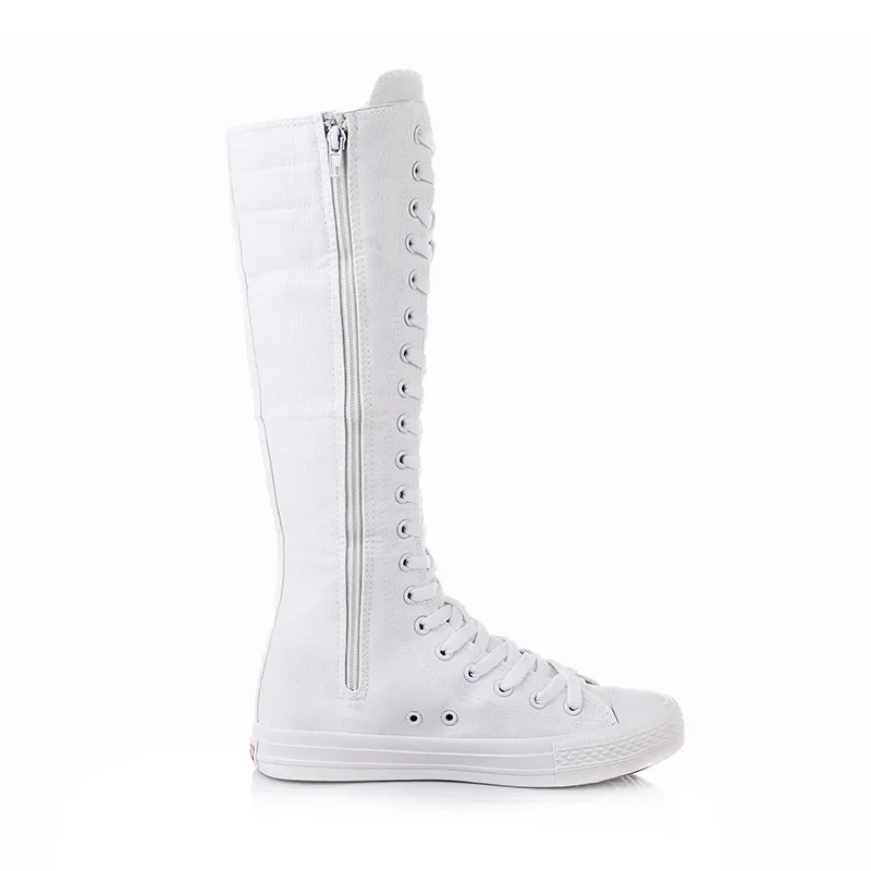 New Fashion Women\'s Canvas Boots Lace Zipper Knee High Boots Boots Flat Shoes Casual High Help Punk Shoes Girls