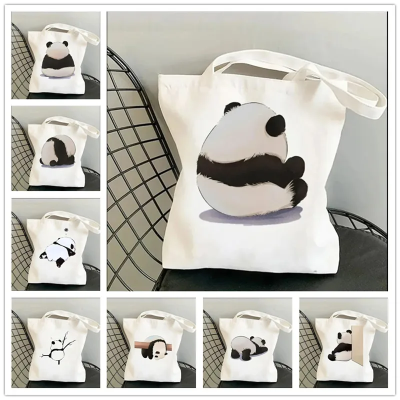 Funny Panda Canvas Shoulder Bags Eco Reusable Shipping Shopper Bags Women Tote Handbag Harajuku Graphic Designer Bag for Ladies