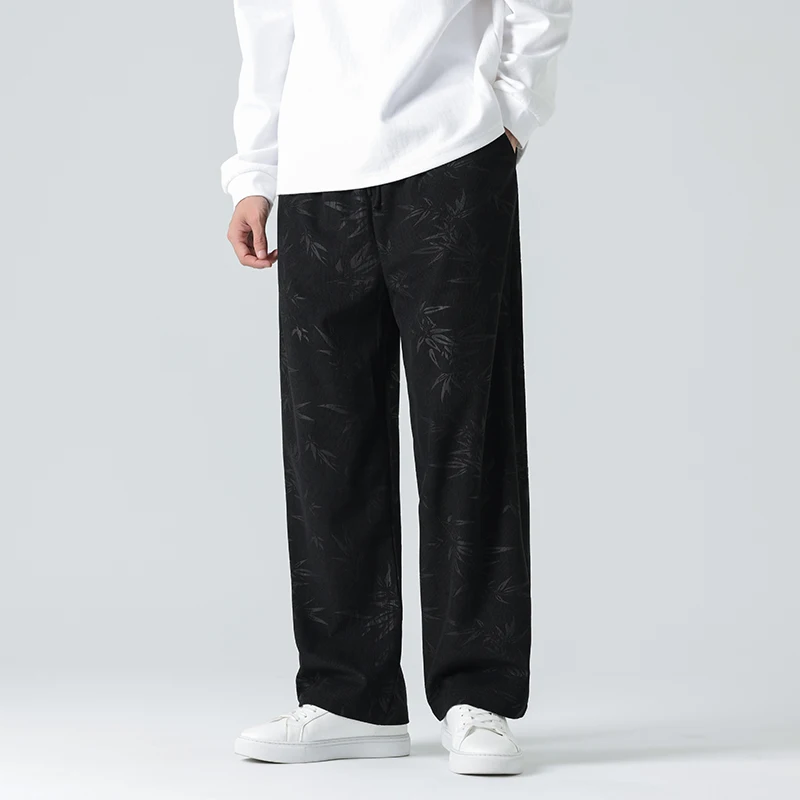 

New Chinese Sle Men's Casual Pants Loose Large Size Bamboo Le Embroidery Straight Leg Autumn Spring Corduroy Long Trousers