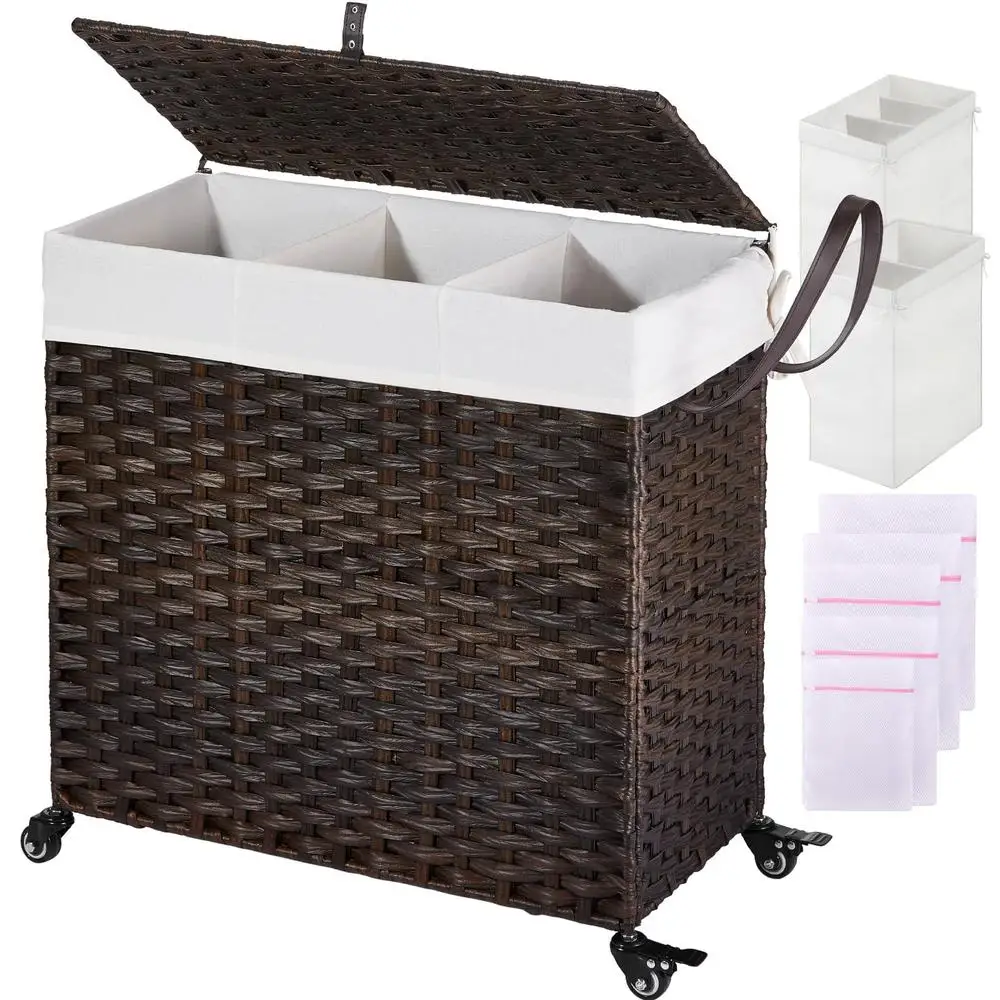 3-Compartment Laundry Hamper with Wheels and Lid 140L Large Capacity Clothes Basket 2 Liner Bags 5 Mesh Laundry Bags Handwoven