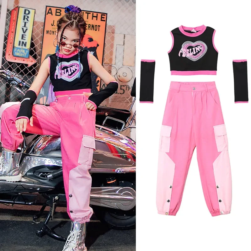 Ärmellose Weste rosa Hosen Kinder Bühnenshow Rave Outfit Mädchen Jazz Kleidung Hip Hop Kostüme moderne Tanz kleidung Sommer