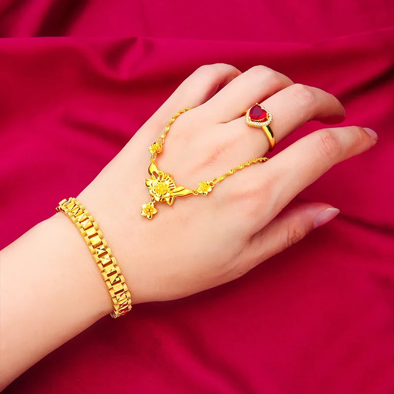 

24K Gold Wedding Flower Women's Set, AU999 Pure - 3D Rose Style, Petal Texture + Light Flow, Neck-Wrist Wedding Accent