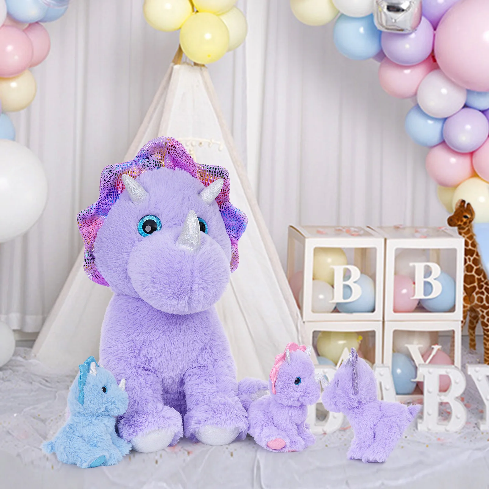 MaoGoLan Triceratops Animal en peluche, 21 pouces, maman dinosaure violet avec 3 bébés, ensemble de jouets d'oreiller en peluche dinosaure géant