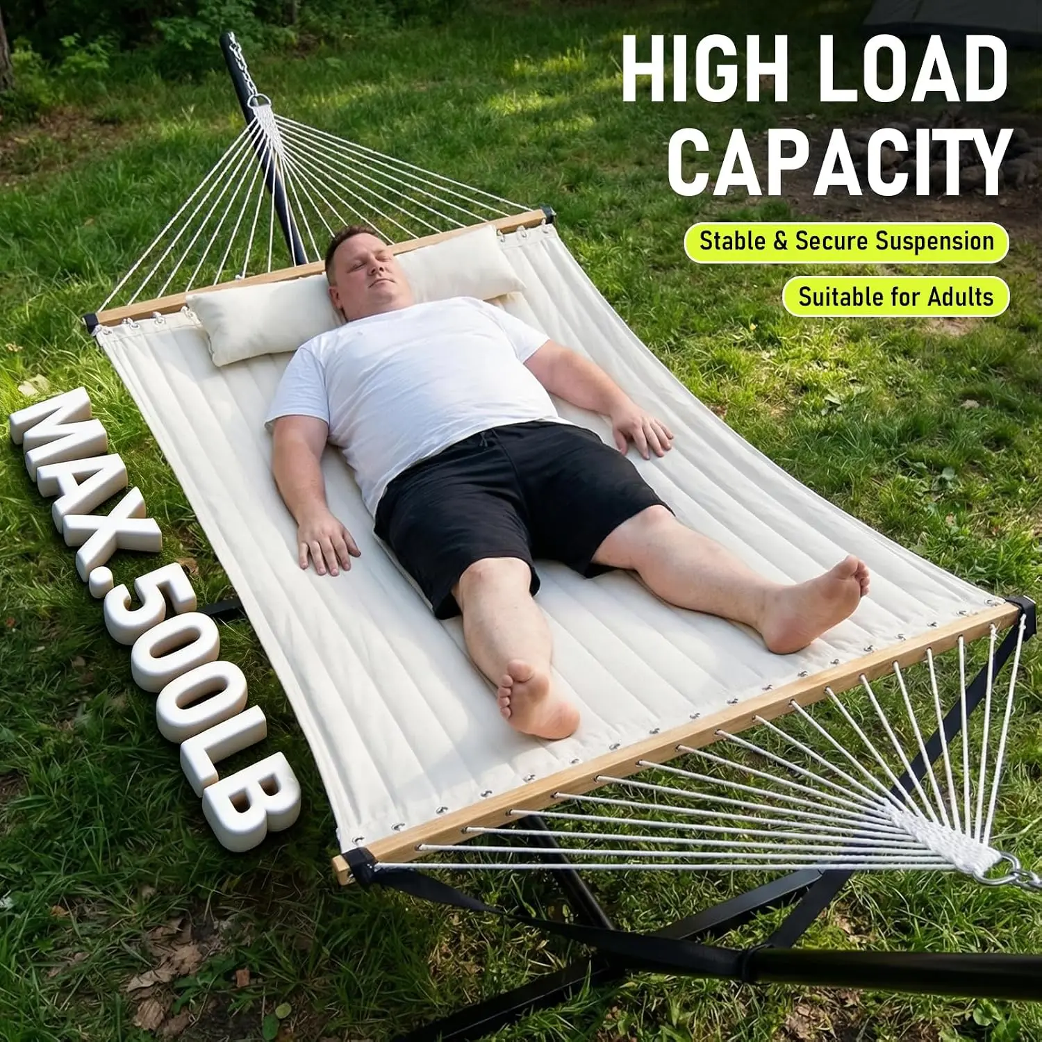 Double Hammock with Stand, 2 Person Heavy Duty Portable Outdoor Hammock with Adjustable Steel Stand and Balance Ropes Included, for Patio, Backyard, Garden, Beach, Beige