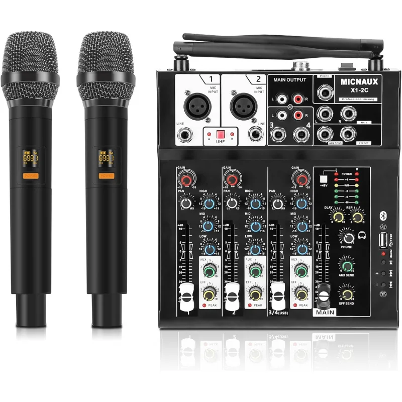 4 Channel Audio Mixer, Karaoke Mixer with Dual Wireless Microphones, Professional Sound Board DJ Mixing Bluetooth 48V Phantom