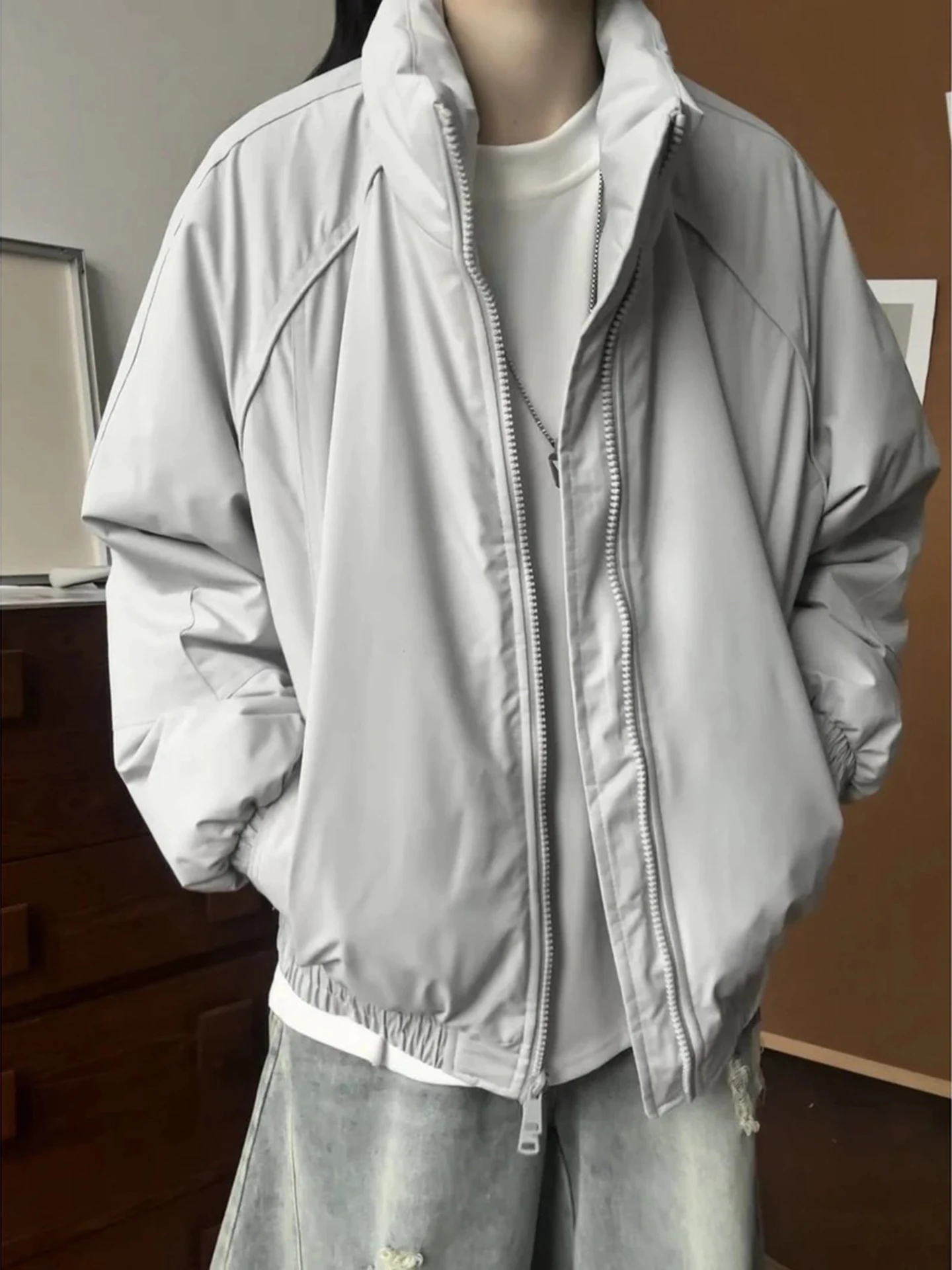 

Thiened Cotton Jaet Stand Collar Men's Winter Coat Youth Casual Long Sve Cleanfit Polyester Fiber Pure Color Ball Game