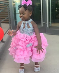 Customized Pink Flower Kids Birthday Dresses Beading High Neck Short Girl Dresses for Wedding Baby Prom Gowns for Photoshoot