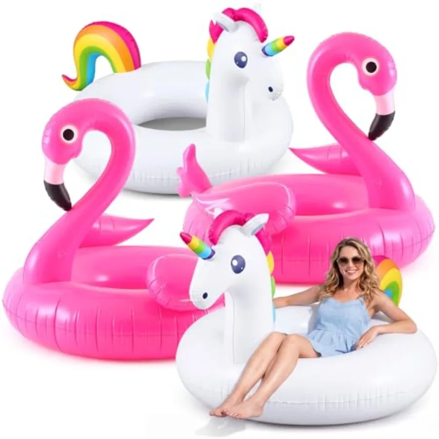 4 Pack Giant Flamingo and Unicorn Pool Floats 45'' White Rainbow Unicorn Pink Flamingo Inflatable Pool Float Swimming Raft for