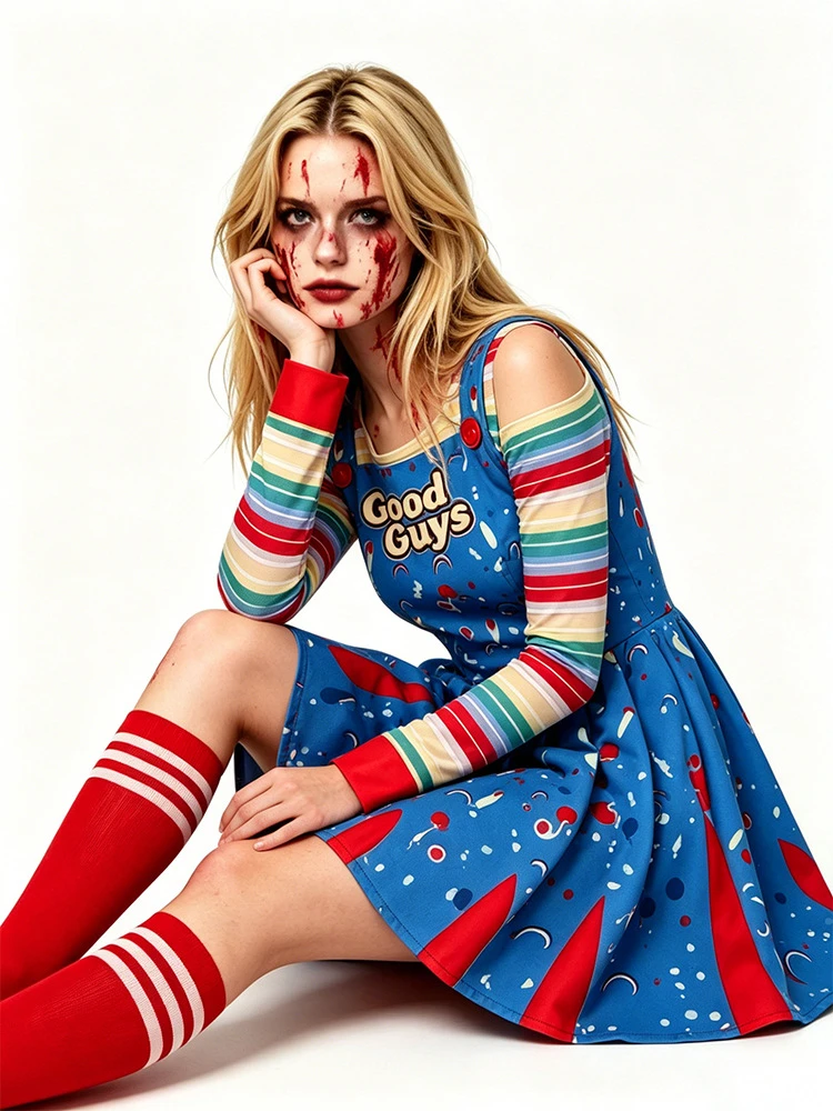 Women Chucky Cosplay Costume Dress with Striped Sleeves Socks Scary Doll Outfit Halloween Carnival  Themed Party Role Play