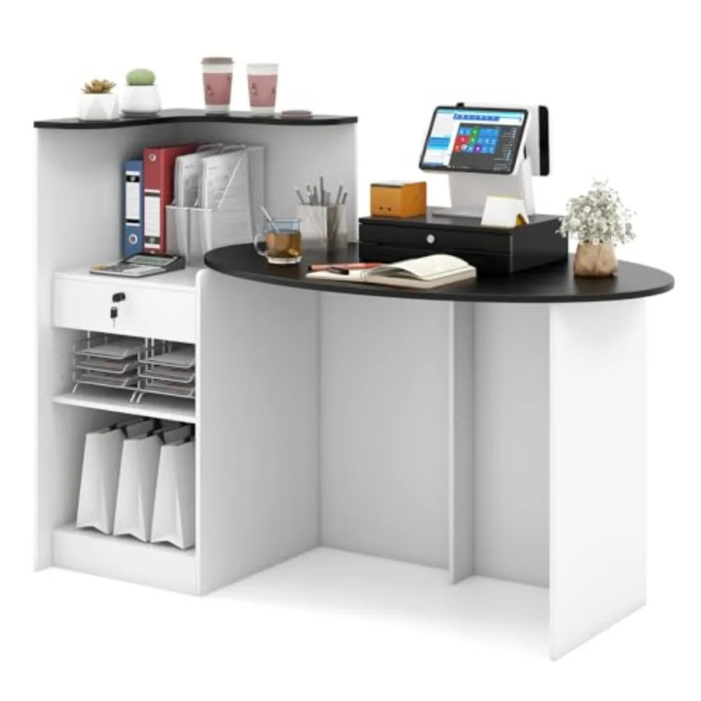Reception Desk with Lockable Drawer & Adjustable Shelf, Front Counter with Oval Tabletop, Retail Register Stand, Office