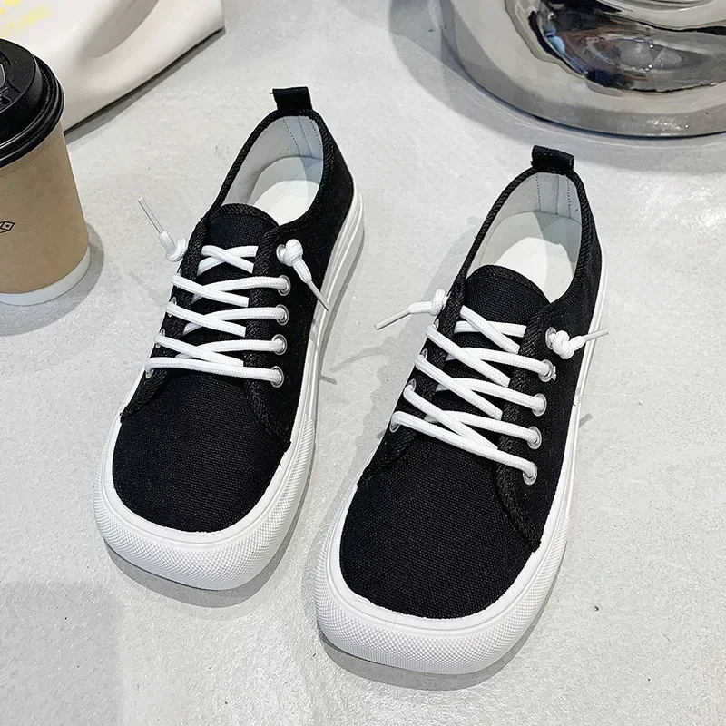 2023 Platform Canvas Shoes for Women  New Square Toe Laces Korean Sneakers Plaid Leopard Print Student Single-Layer Shoes