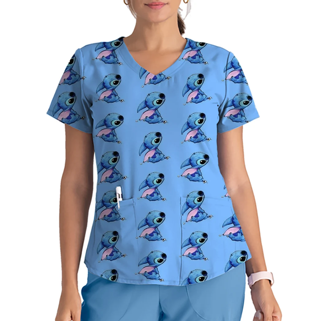 Mulheres Disney Disney Ponto Terno de Enfermagem, Uniforme Elástico de Trabalho, Manga Curta, Top Decote V, Uniforme Hospitalar, Vestuário de Trabalho