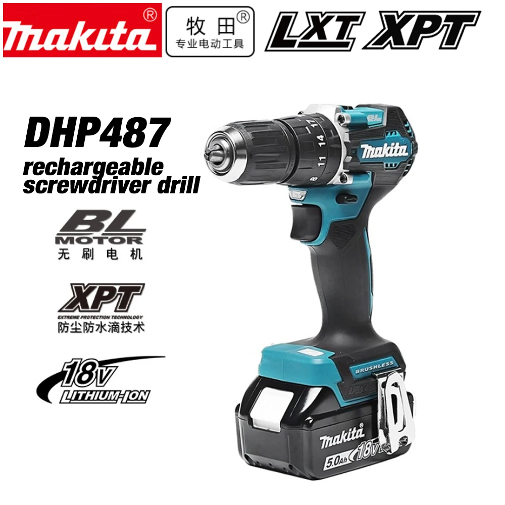 Taladro Percutor Inalámbrico MAKITA DHP487 18V LXT Sin Escobillas, Atornillador Compacto Recargable, Herramientas Eléctricas