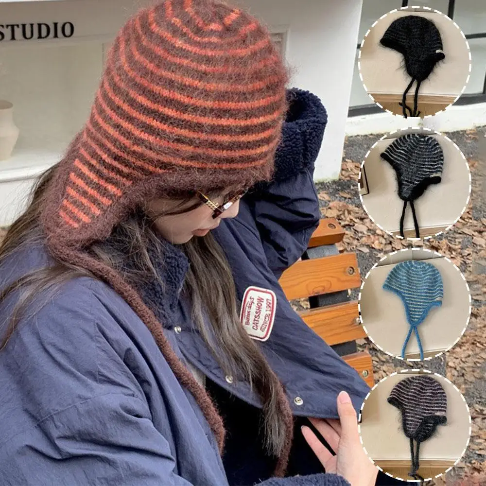 

1x Knitted Striped Hat Outdoor Ski Balaclava Cap Colorful Ear Protection Cap Handmade Tassels Beanies Fluffy Strap Women's Hat