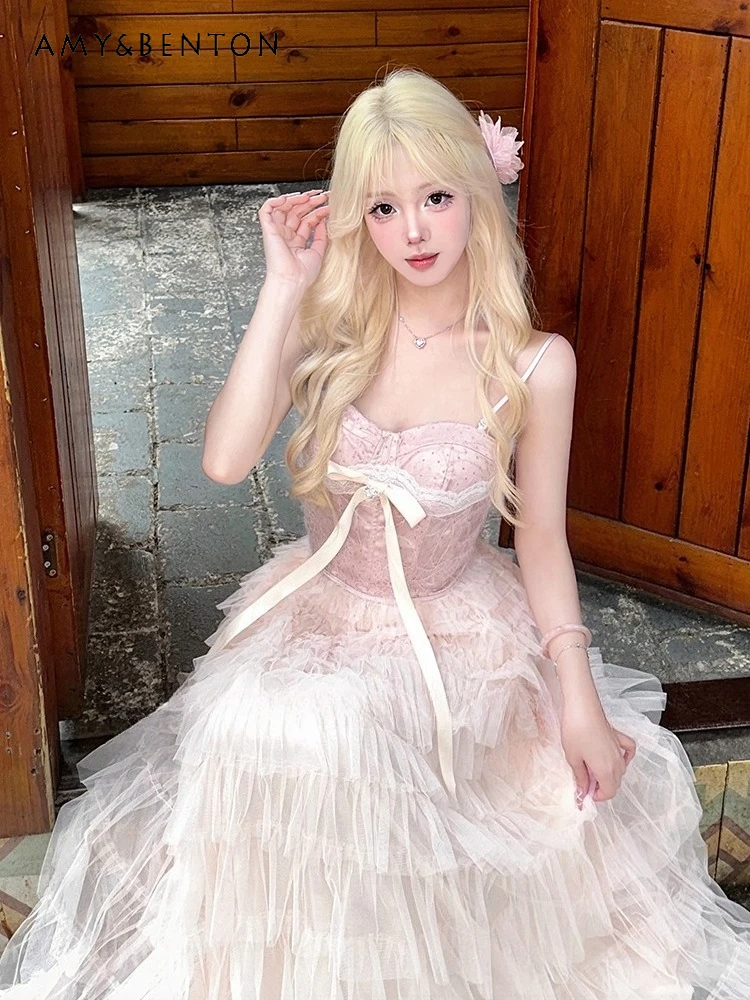 

2025 Summer New Pink Bow Lace Polka Dot Fishbone Strap Tube Top Vest Mesh High Waist Loose Long Cake Skirt Two-Piece Set