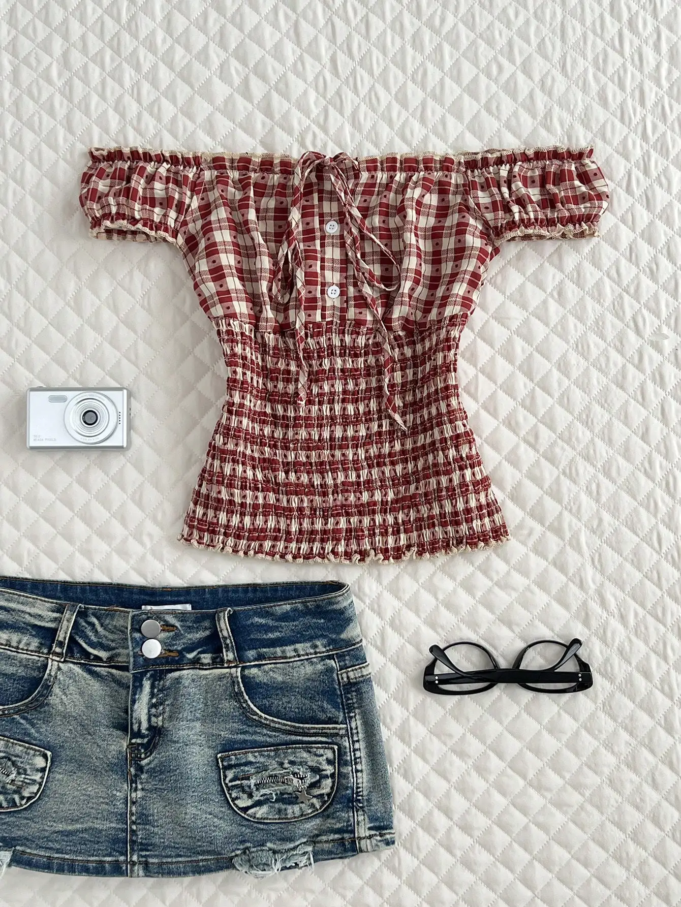 Women's Plaid Jacquard Off-Shoulder Shirred Tie-Up Open-Front Blouse, Casual Daily, Sweet Preppy, Sexy Beach Vacation Style, Su