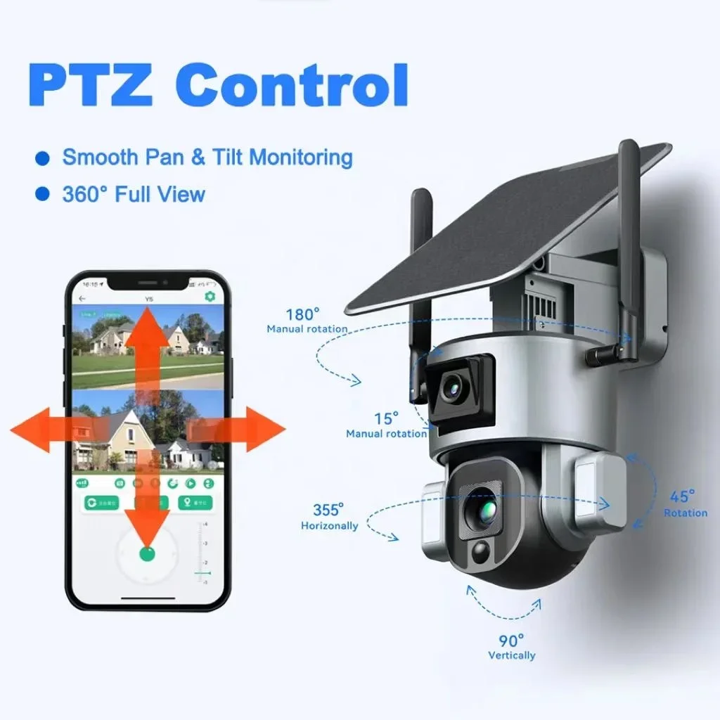 PTZ 4MP 4G 4K HD 10X Zoom لاسلكي خارجي يعمل بالطاقة الشمسية الأمن IP المسار البشري 8MP عدسة مزدوجة CCTV WIFI 4g كاميرا Ptz الشمسية