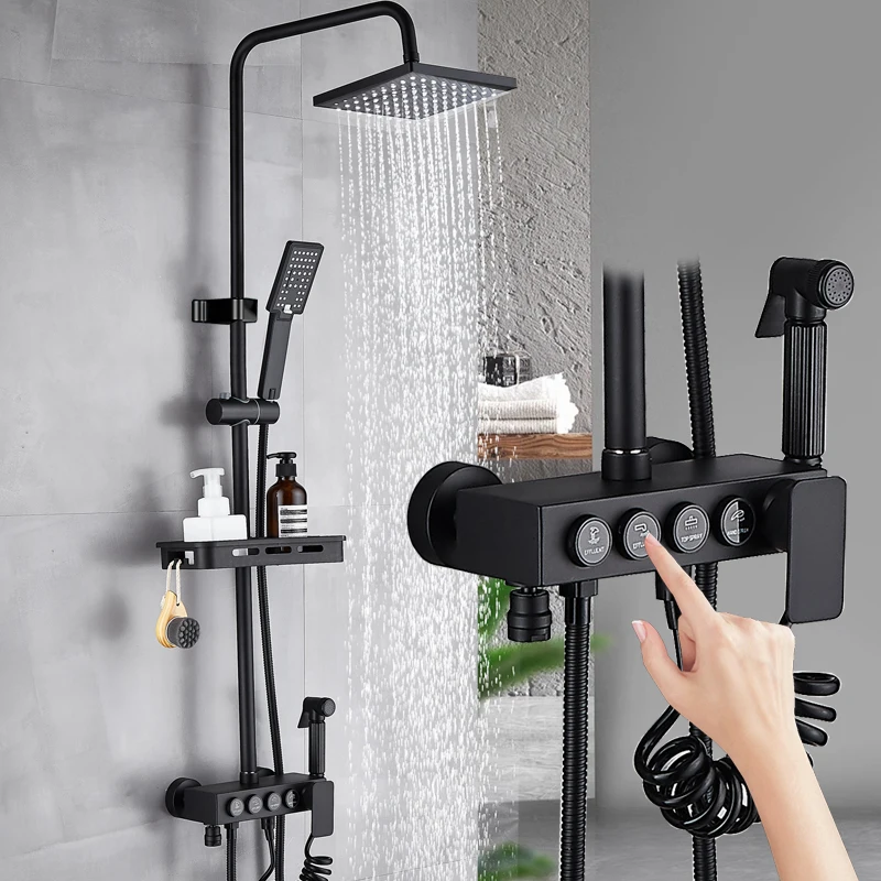 

brass black 4-button shower set bathroom pressurized shower head , luxury shower system wall mounted shower faucets