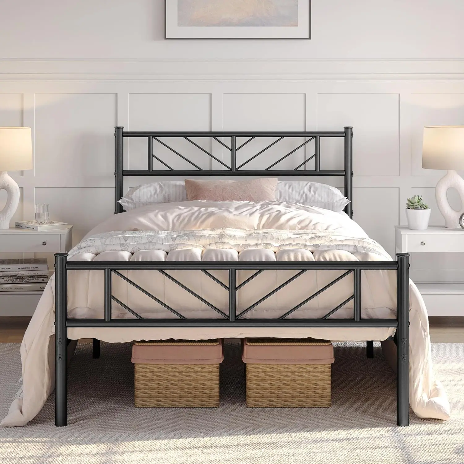 

Platform Bed Frame with Arrow Design Headboard, Metal Mattress Foundation for Storage, No Box Spring Needed, Easy Assembly