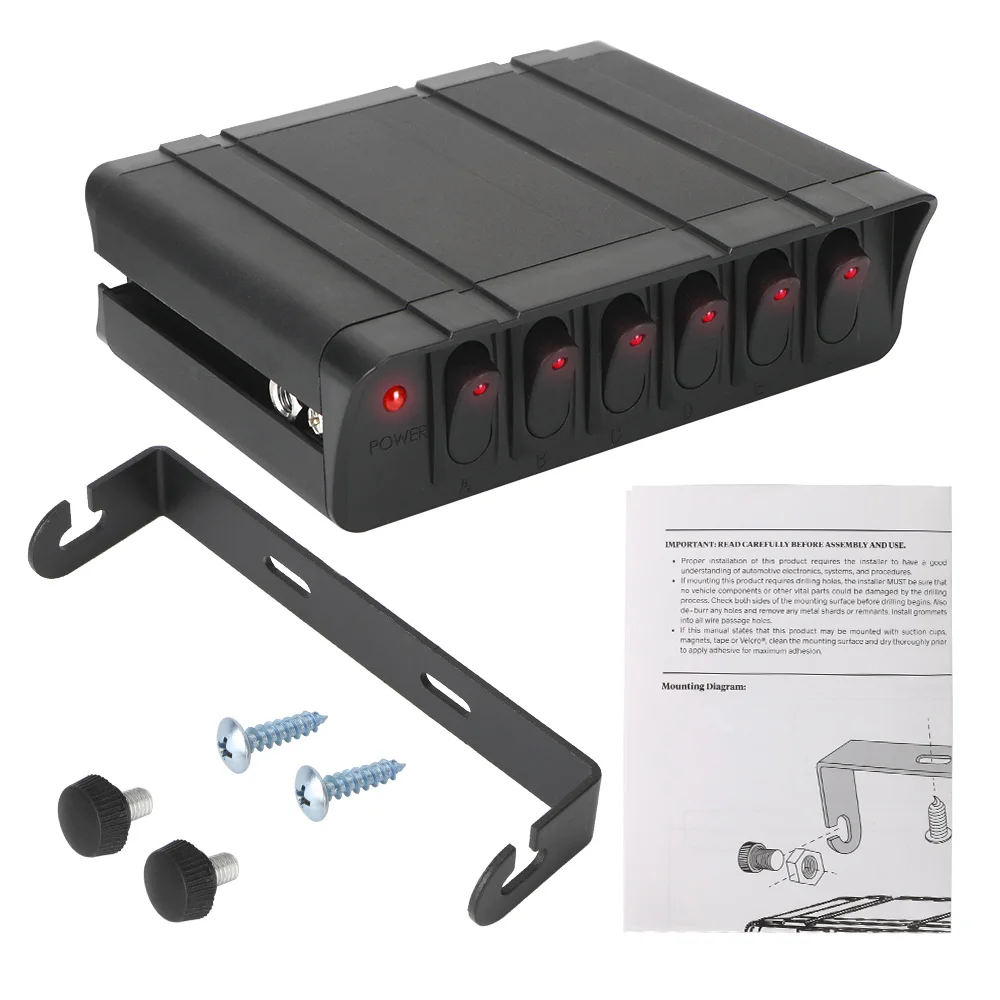 Switch Panel 12-24V 20A Waterproof for Cars Vehicles Caravan 6 Gang Rocker Switch Box Universal with LED Light Indicator