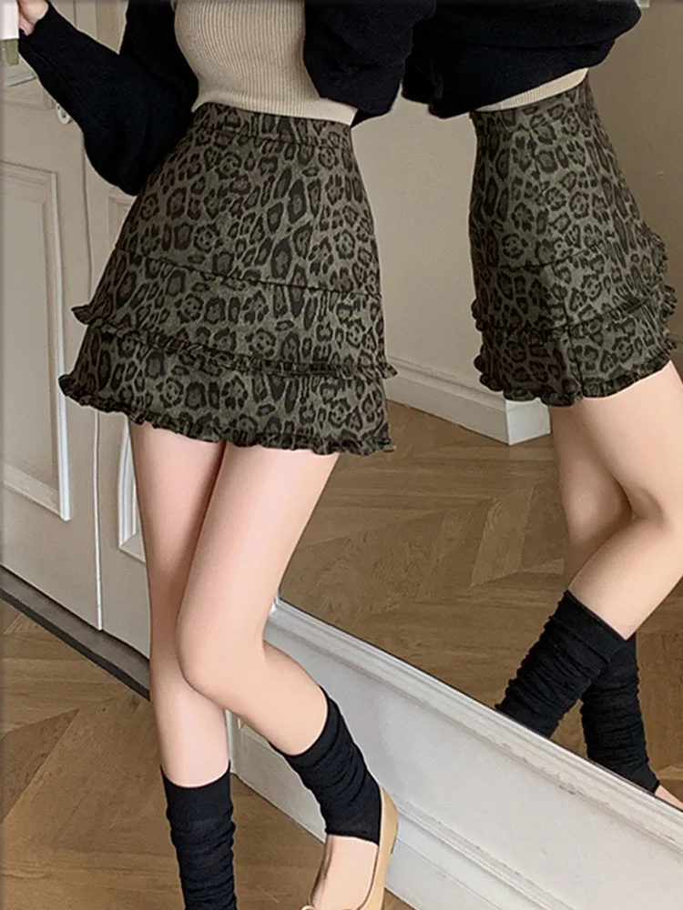 여성용 가을 겨울 하이웨이스트 A라인 스커트 백 지퍼 바디콘 케이크 스커트 패셔너블 레오파드 프린트 러플 숏 스커트